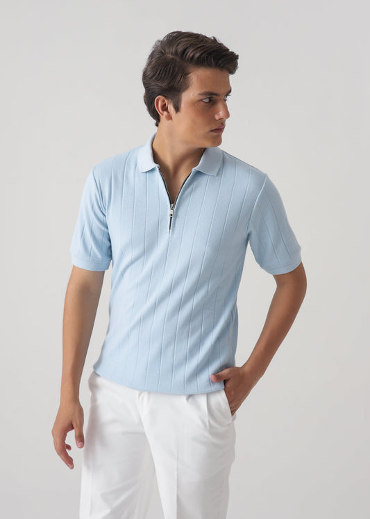 DROP NEEDLE ZIP POLO | POWDER BLUE