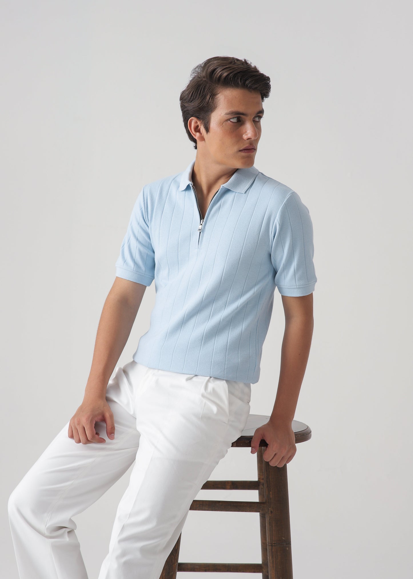 DROP NEEDLE ZIP POLO | POWDER BLUE